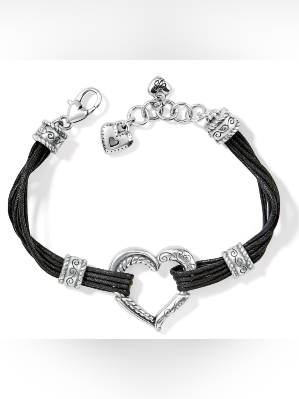 Brighton Heritage Heart Charm Bracelet – Black Cord with Silver Charm NWOT